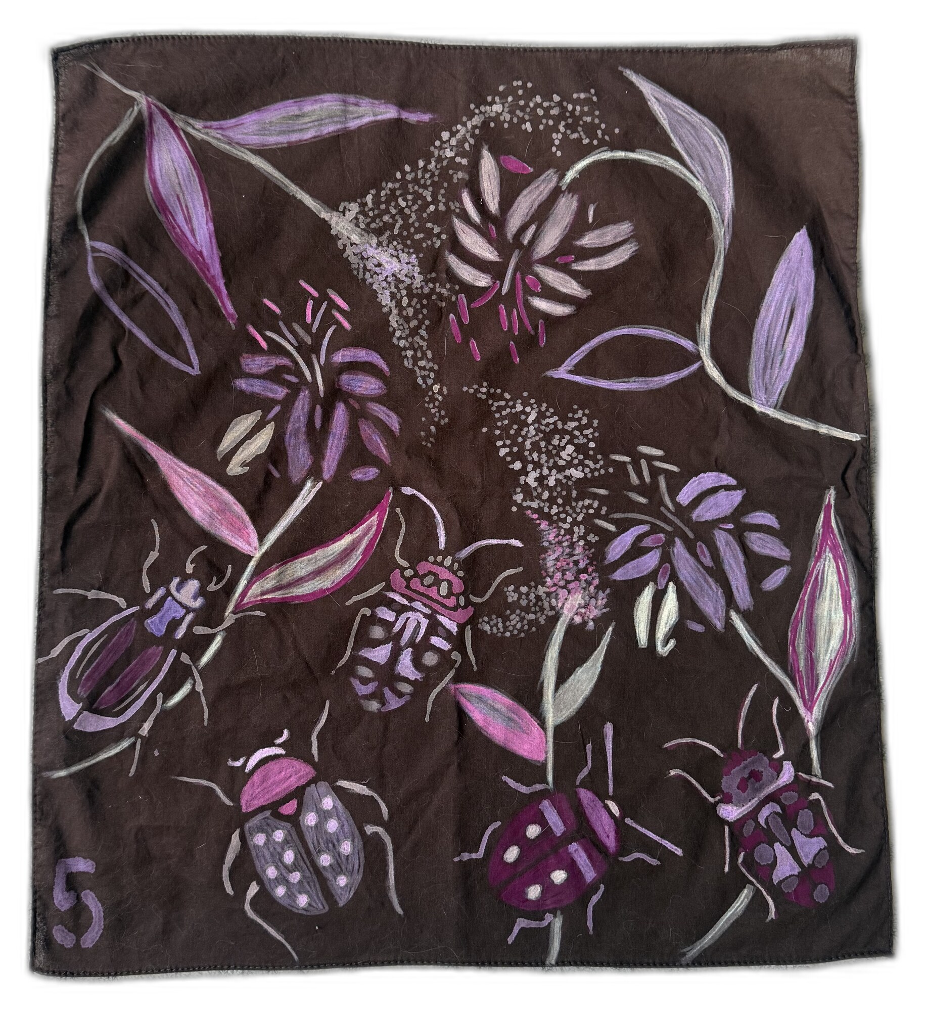 Beetle Bandana No. 5 laid flat on white, showing the full painted design