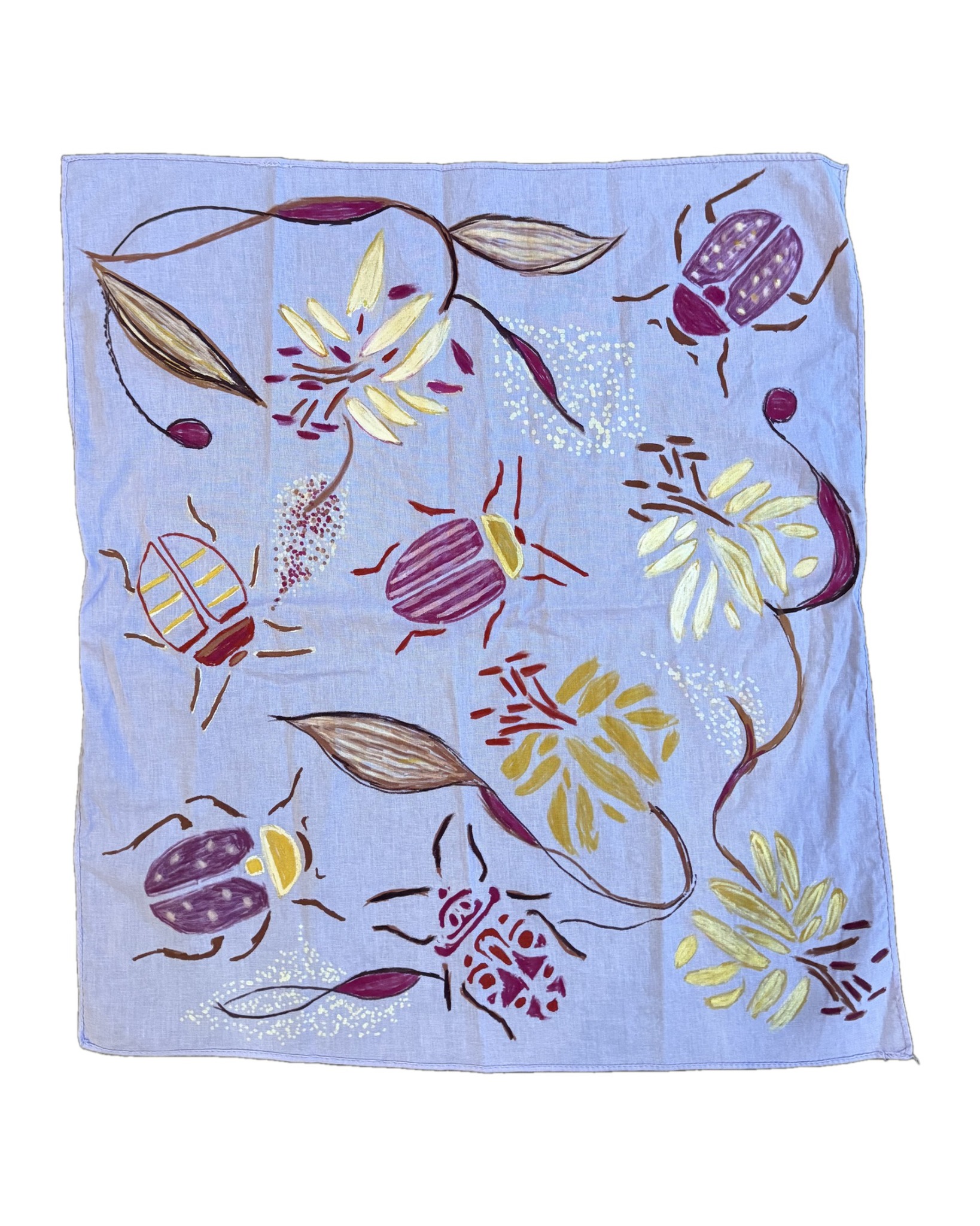 Beetle Bandana No. 6 laid flat on white, showing the full painted design
