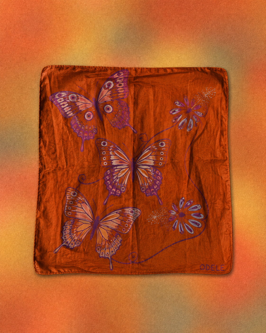 Butterfly Bandana No. 7, orange with hand-painted butterflies and flowers