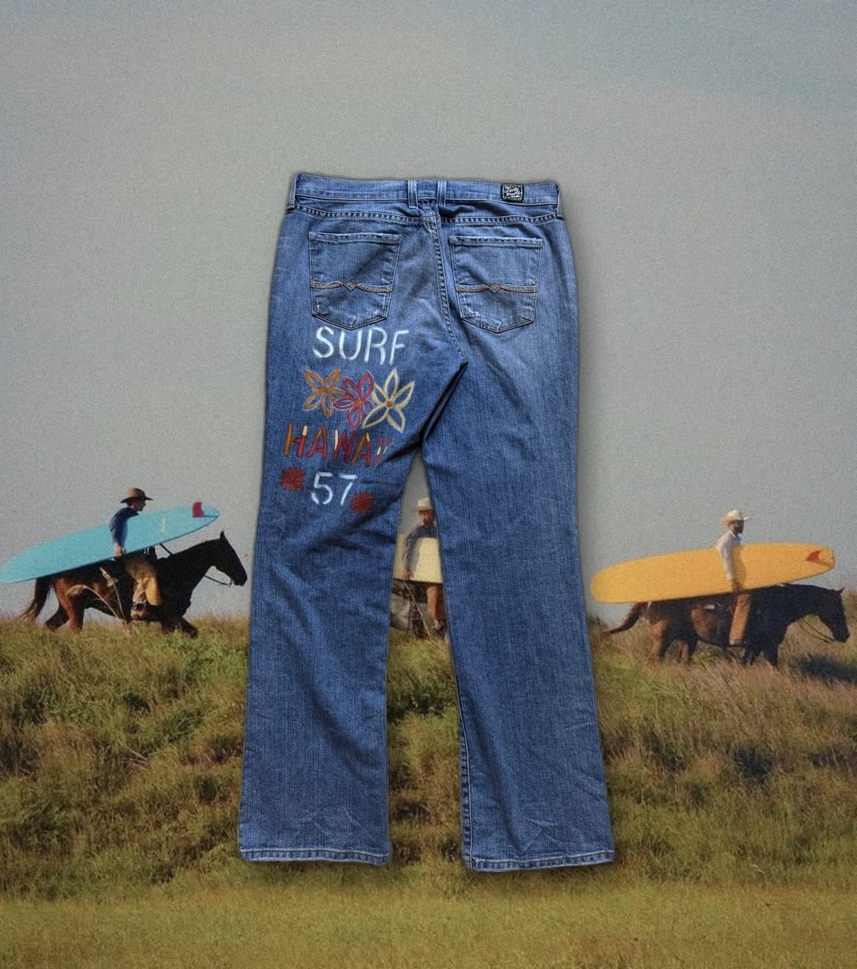 Surf Hawaii '57 hand-painted jeans, styled over a vintage photo of surfers on horseback