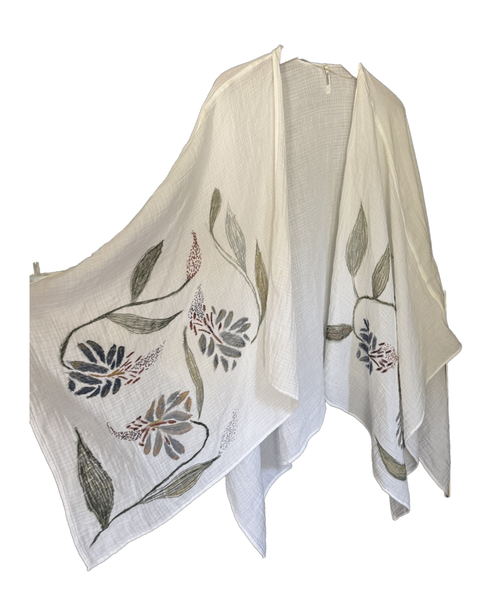 Hand-painted shawl hanging on white, showing the full drape