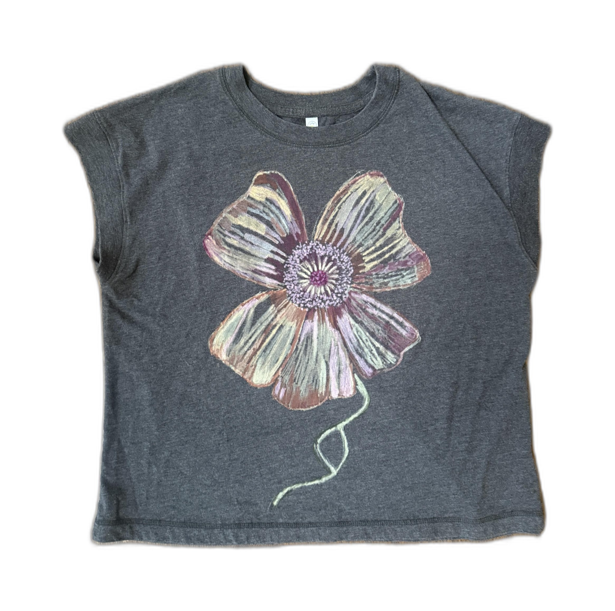 Wild Rose Relaxed Tee, hand-painted poppy, laid flat on white