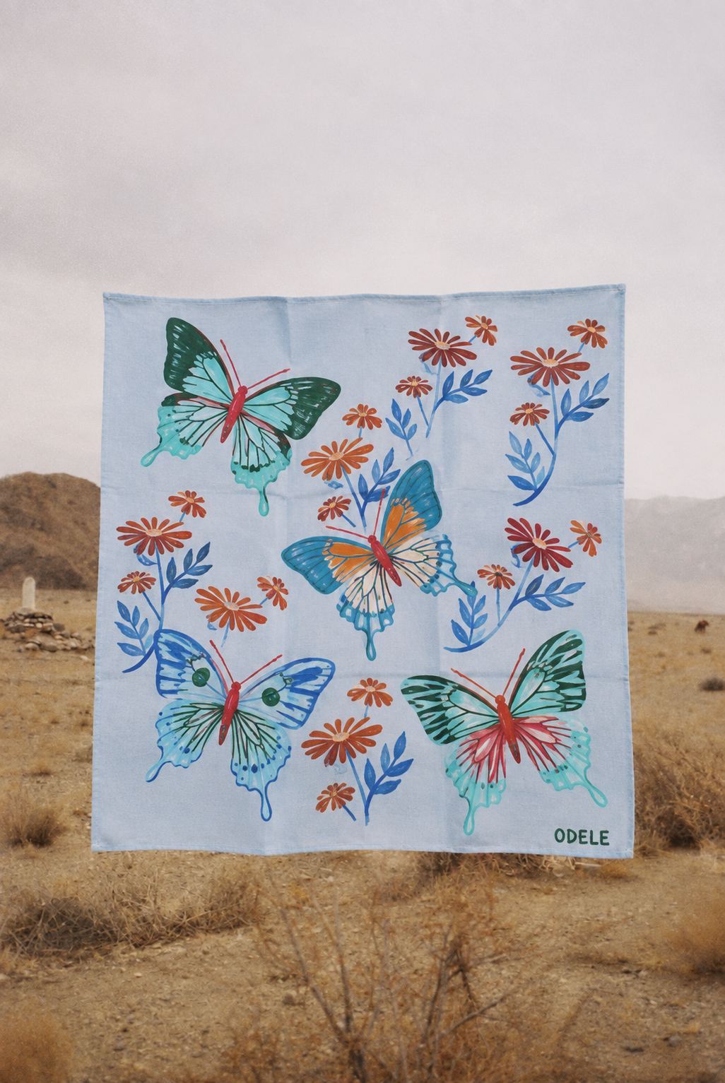 XL Bandana, blue with hand-painted butterflies and flowers
